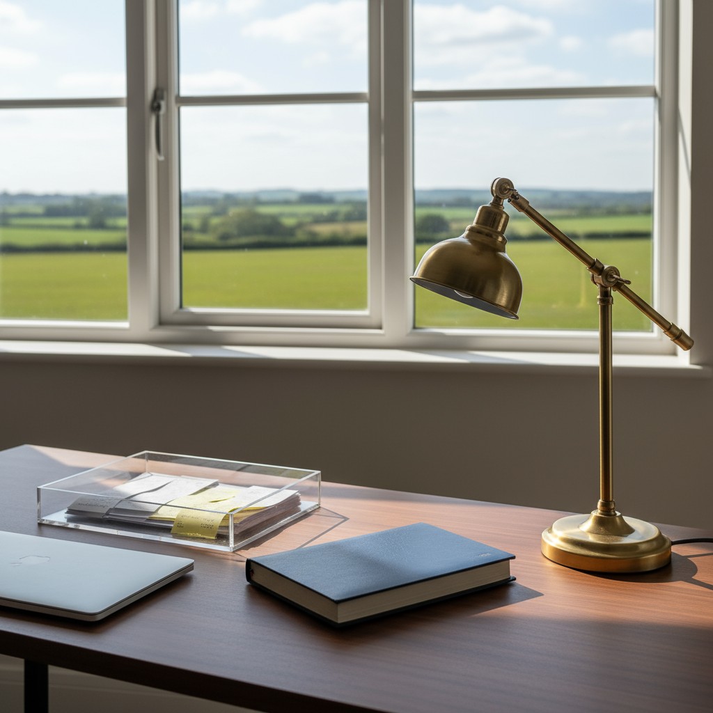 A sunny office space with a view of the countryside through a large window, featuring a wooden desk with a laptop, noteboo...