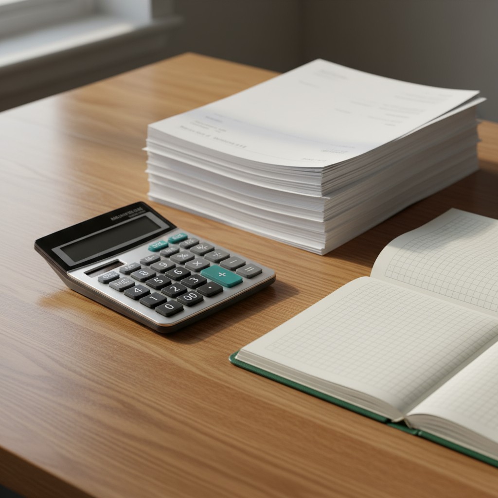 A calculator, an open book, and a stack of papers on a wooden table.