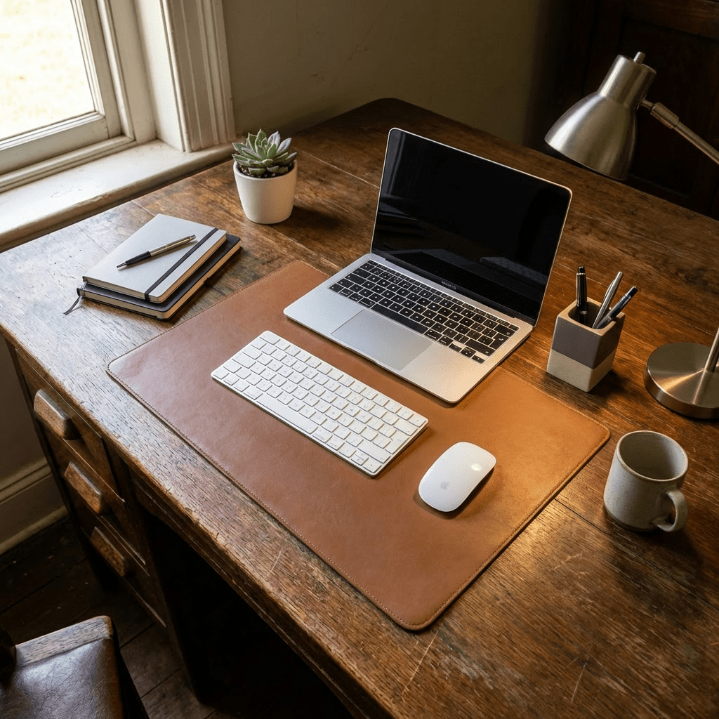 Antique wooden desk with mechanical calculator, handwritten ledger, and old paper documents.